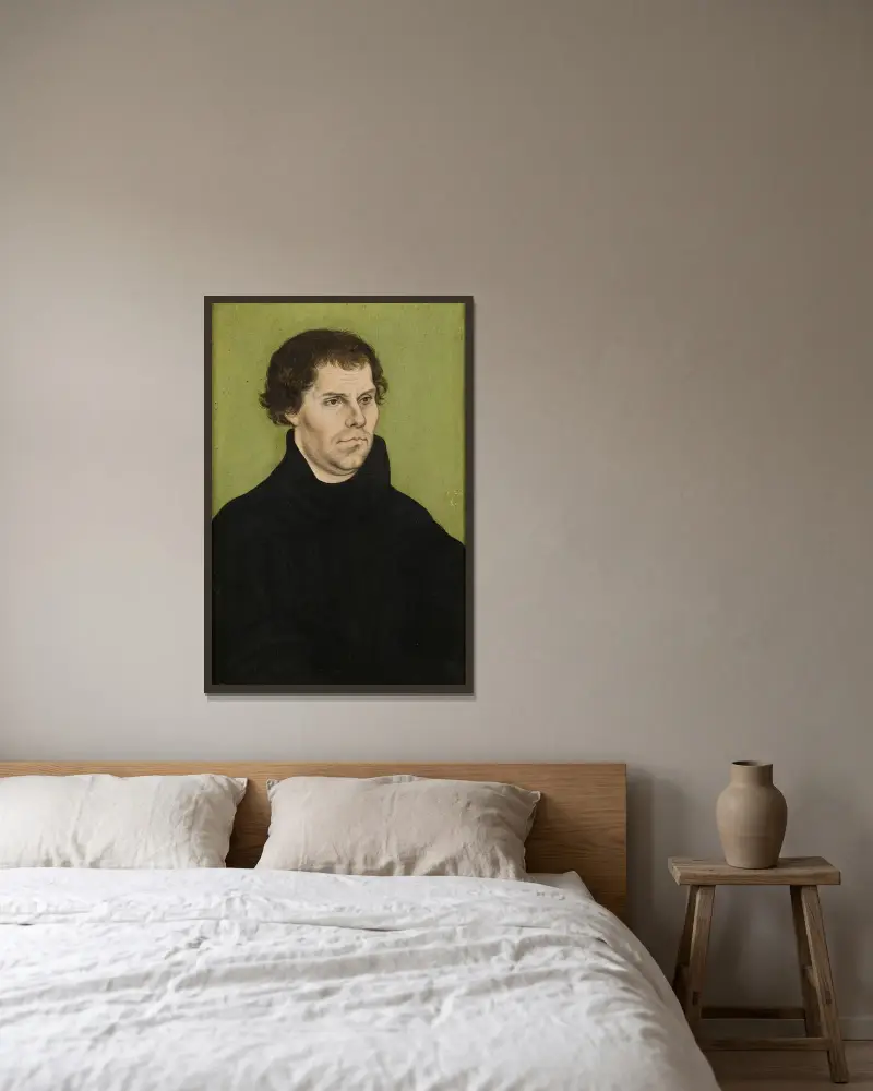 Martin Luther, 1527 av Lucas Cranach the Elder inramad på en vägg