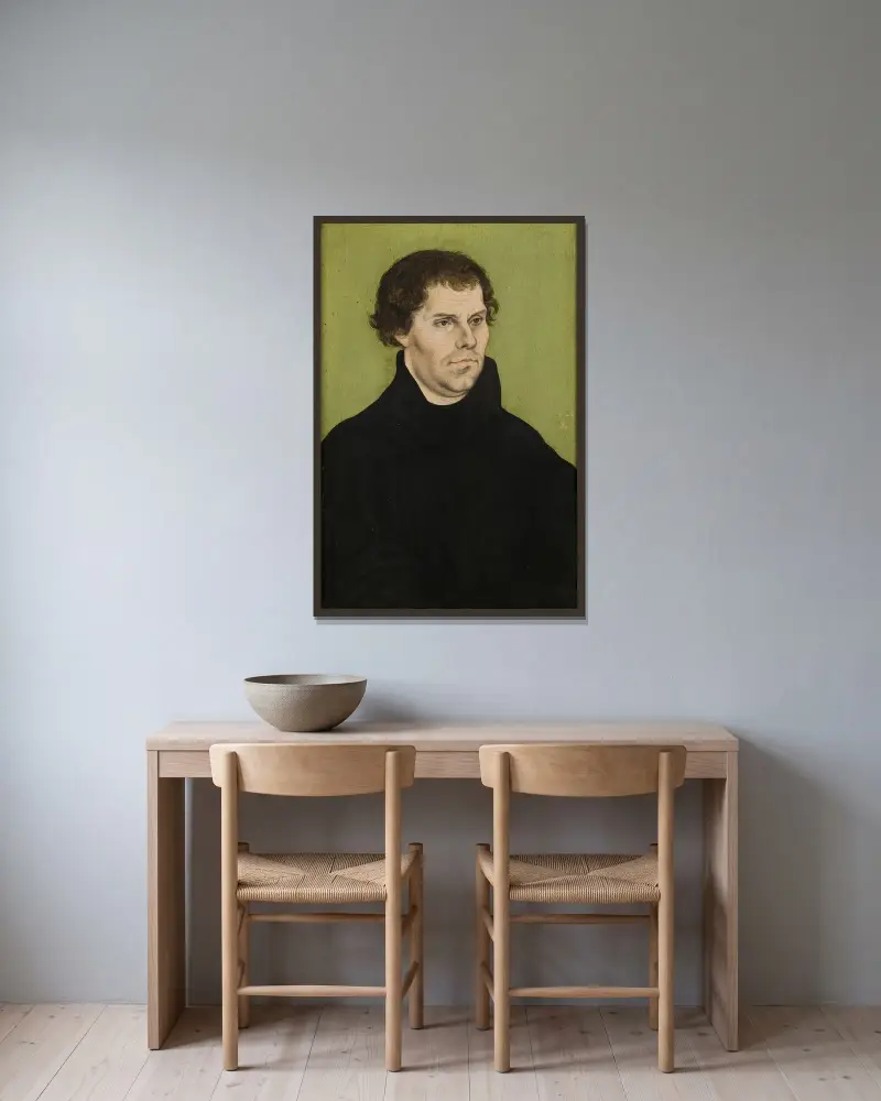 Martin Luther, 1527 av Lucas Cranach the Elder inramad på en vägg
