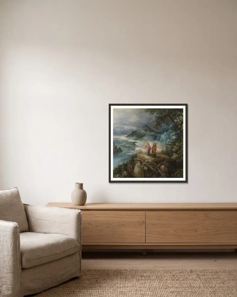 Bergslandskap med Kristi frestelse av Jan Brueghel The Elder inramad på en vägg
