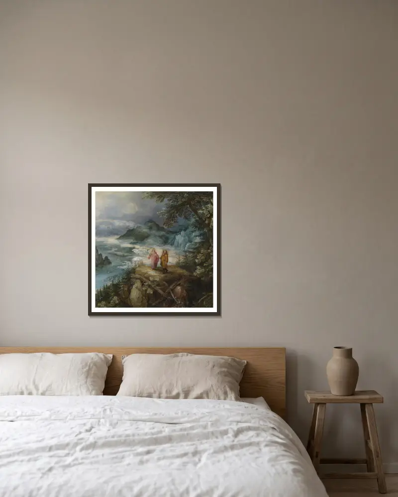 Bergslandskap med Kristi frestelse av Jan Brueghel The Elder inramad på en vägg