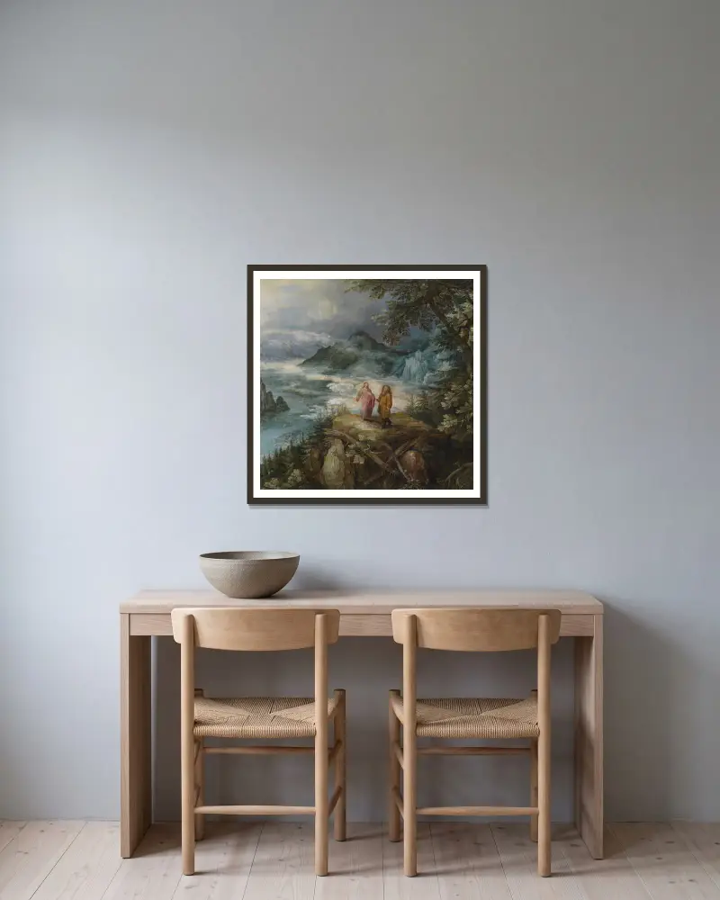 Bergslandskap med Kristi frestelse av Jan Brueghel The Elder inramad på en vägg