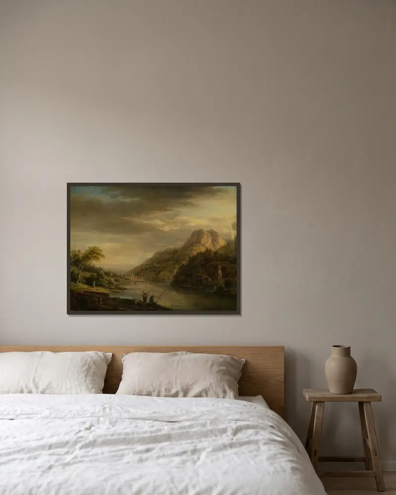 Mountainous River Landscape with Rainbow av Christian Georg Schütz the elder inramad på en vägg
