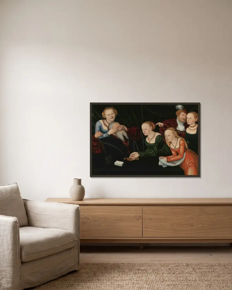 Alter Mann von Kurtisanen betrogen von Lucas Cranach the Elder gerahmt an einer Wand