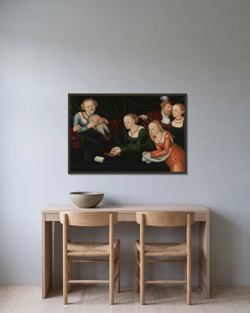 Alter Mann von Kurtisanen betrogen von Lucas Cranach the Elder gerahmt an einer Wand
