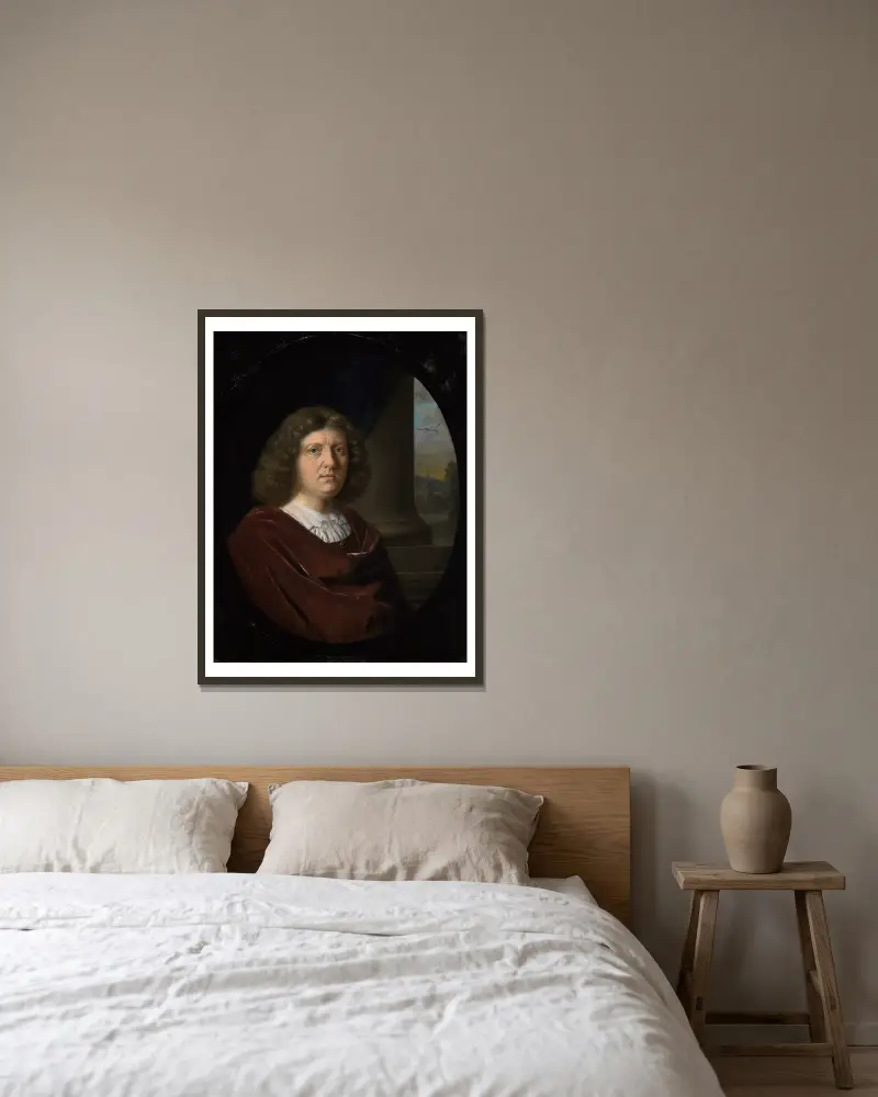 Porträtt av en herre i röd rock av Frans van Mieris the Elder inramad på en vägg