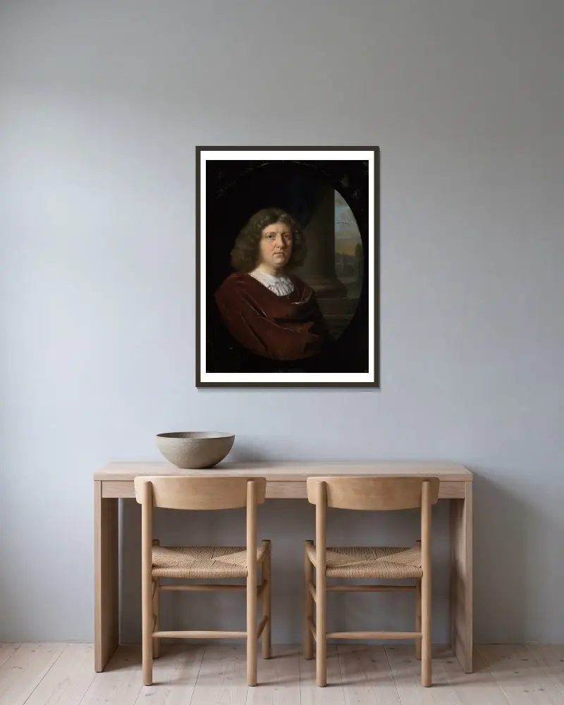 Porträtt av en herre i röd rock av Frans van Mieris the Elder inramad på en vägg