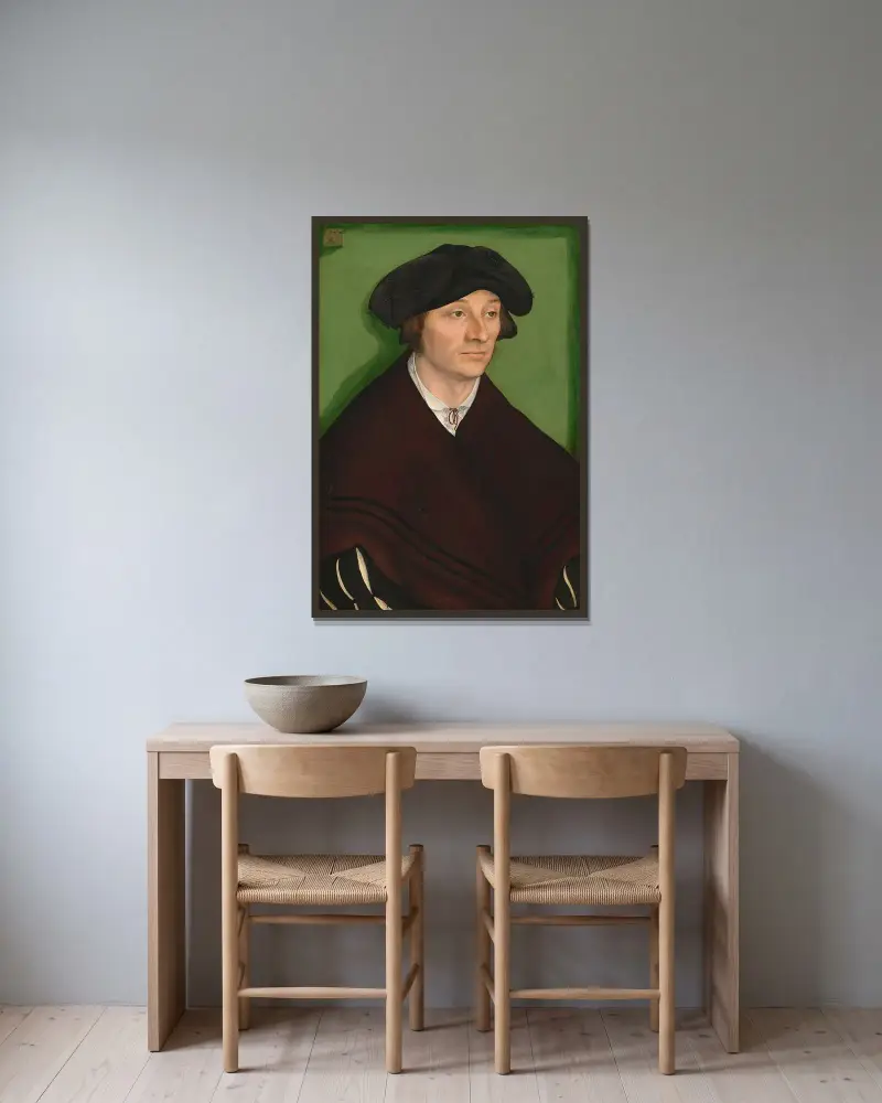 Portrait of a Man, 1522 av Lucas Cranach the Elder inramad på en vägg