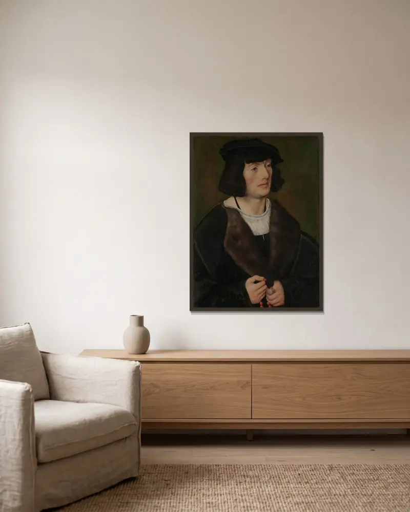 Porträtt av en man med radband av Lucas Cranach the Elder inramad på en vägg