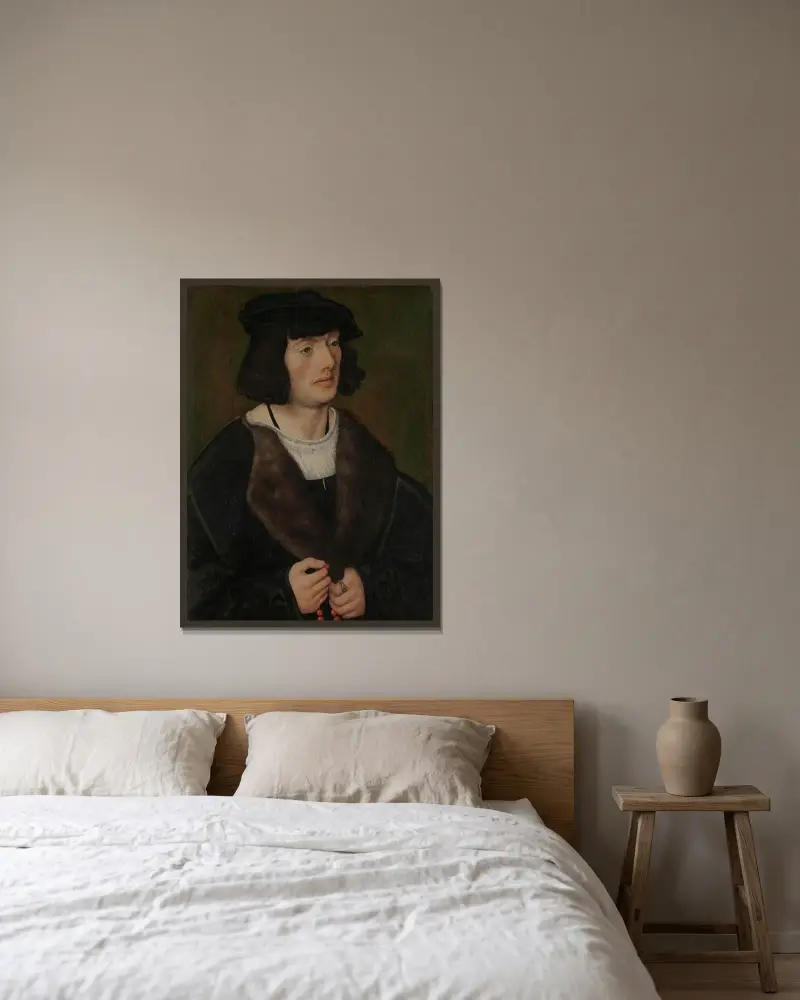 Porträtt av en man med radband av Lucas Cranach the Elder inramad på en vägg