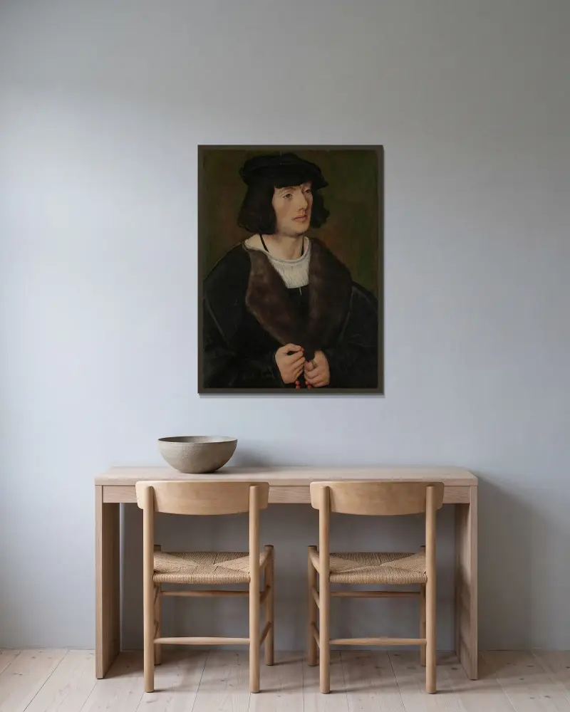 Porträtt av en man med radband av Lucas Cranach the Elder inramad på en vägg