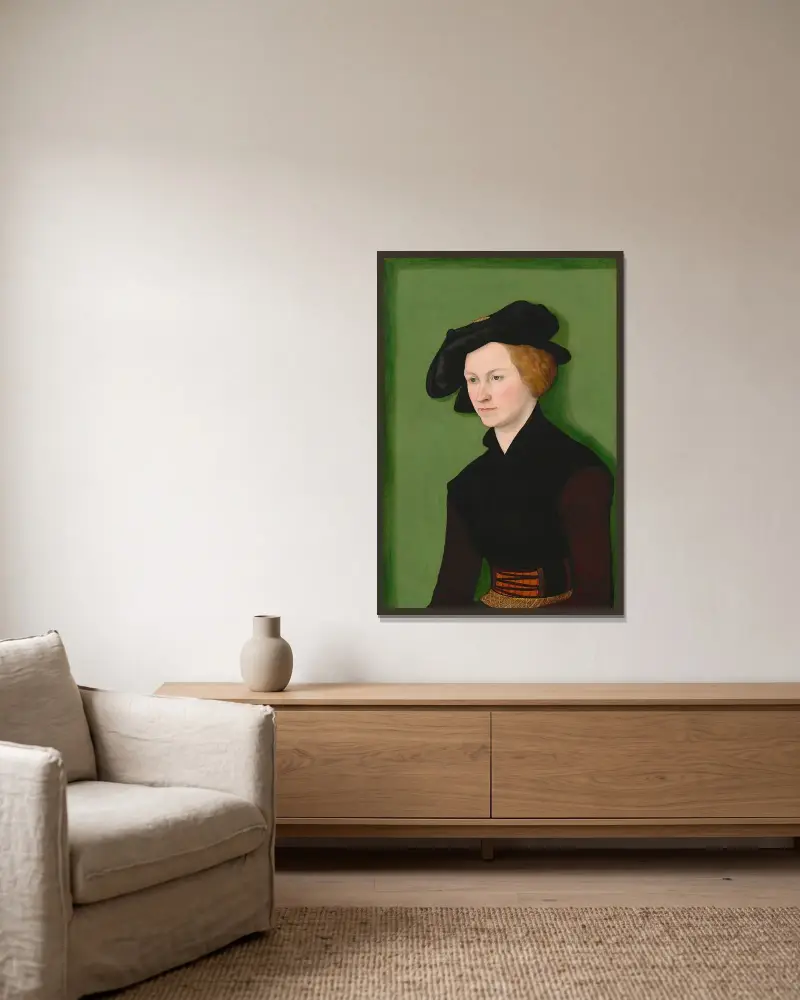 Porträtt av en kvinna av Lucas Cranach the Elder inramad på en vägg