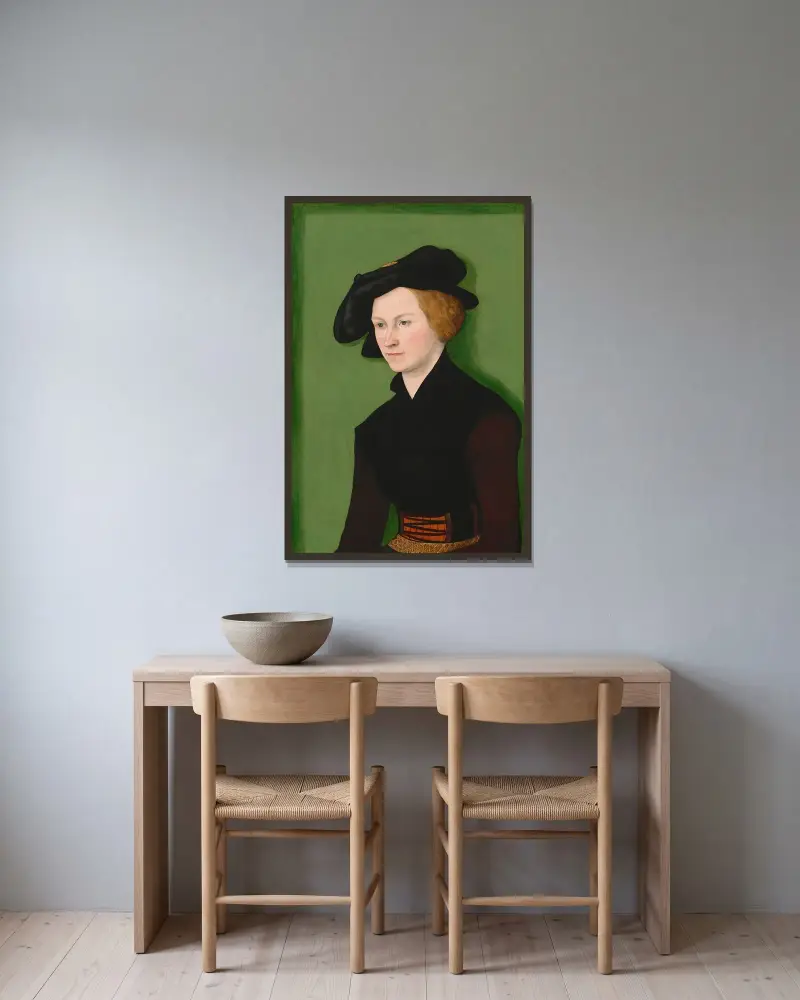 Porträtt av en kvinna av Lucas Cranach the Elder inramad på en vägg