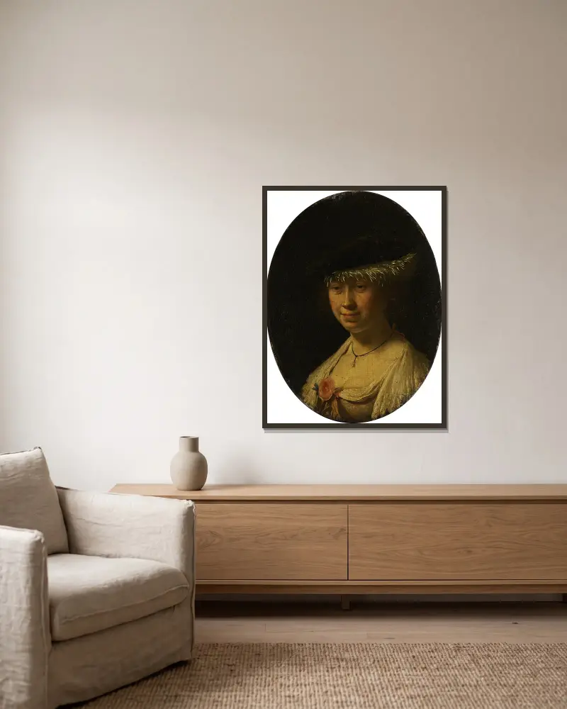 Porträtt av en kvinna med mössa av Frans van Mieris the Elder inramad på en vägg