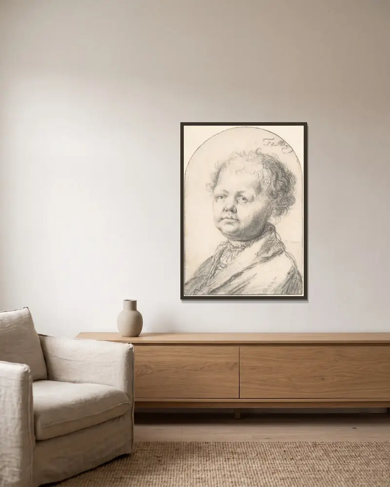 Bildnis eines jungen Jungen von Frans van Mieris the Elder gerahmt an einer Wand
