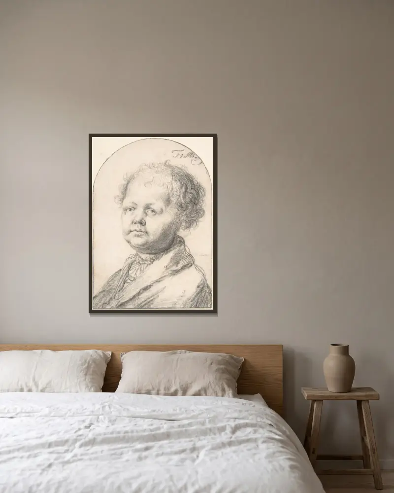 Bildnis eines jungen Jungen von Frans van Mieris the Elder gerahmt an einer Wand