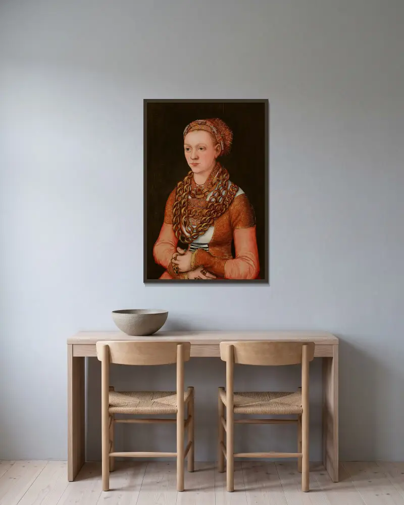 Portrait of Anna Buchner, née Lindacker av Lucas Cranach the Elder inramad på en vägg