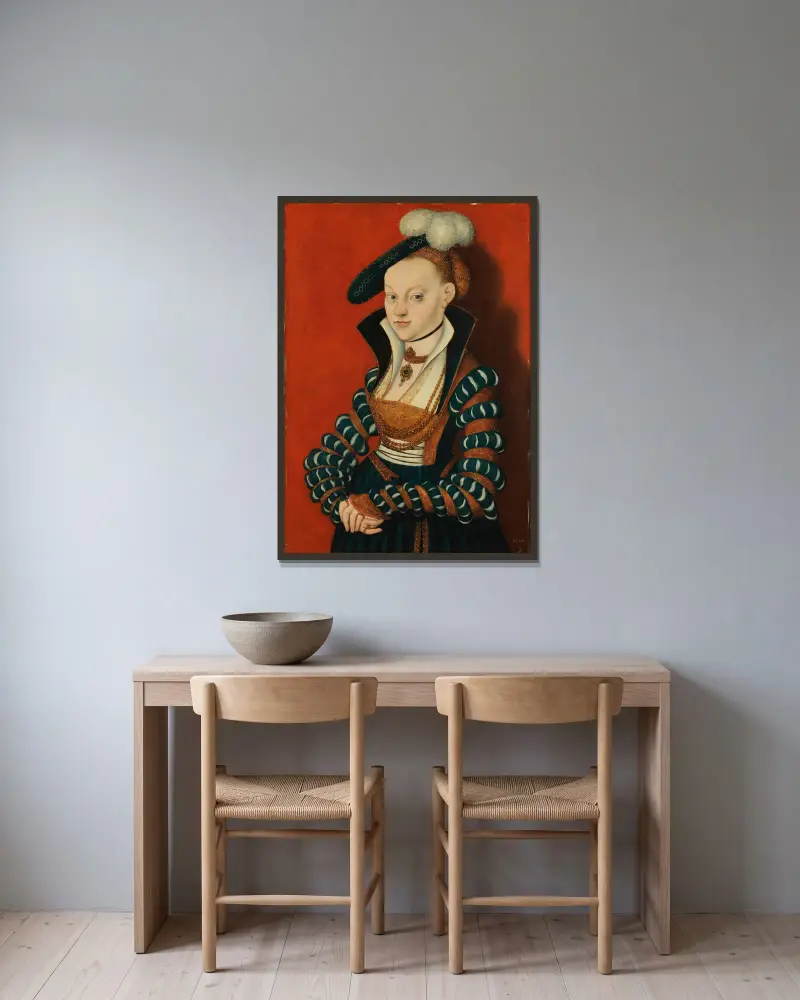 Porträtt av Christiane av Eulenau av Lucas Cranach the Elder inramad på en vägg