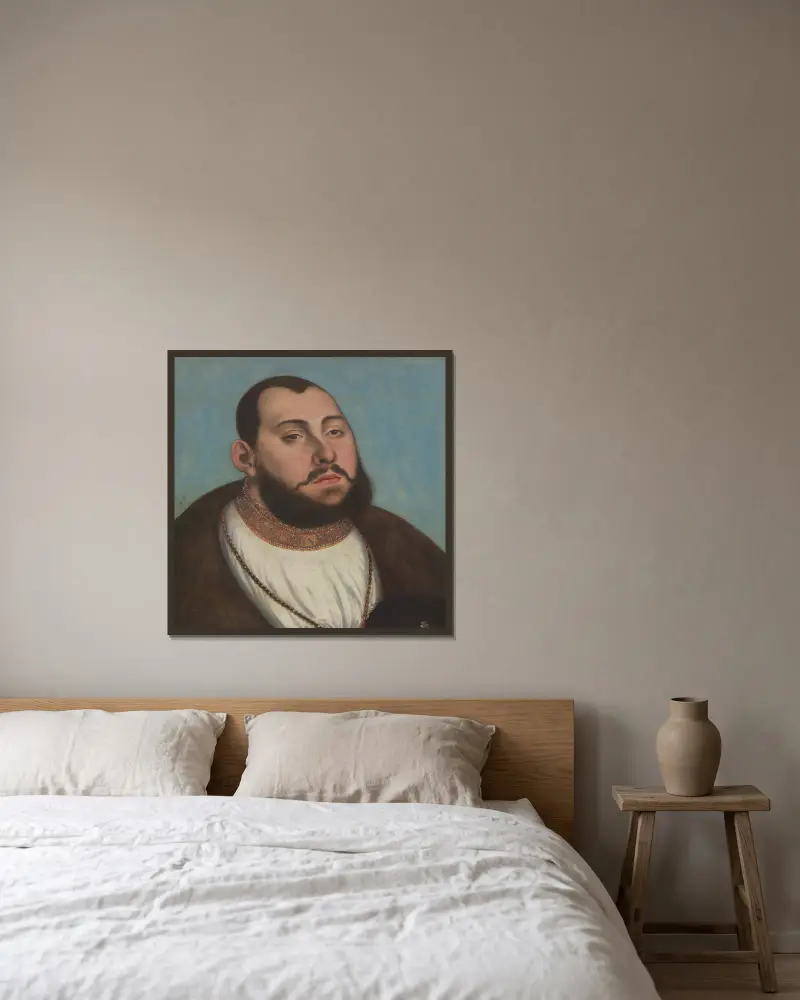 Porträtt av Johan Fredrik den ädelmodige, kurfurste och hertig av Sachsen av Lucas Cranach the Elder inramad på en vägg