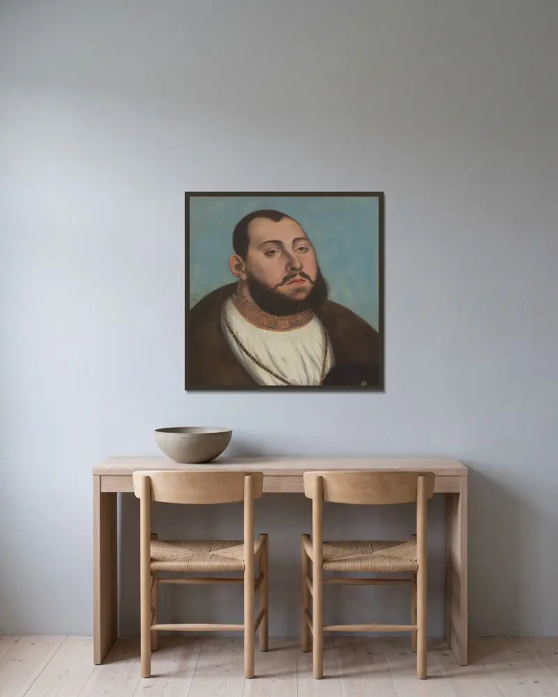 Porträtt av Johan Fredrik den ädelmodige, kurfurste och hertig av Sachsen av Lucas Cranach the Elder inramad på en vägg
