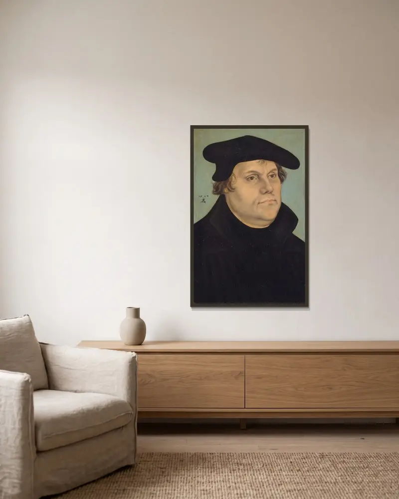 Porträtt av Martin Luther av Lucas Cranach the Elder inramad på en vägg