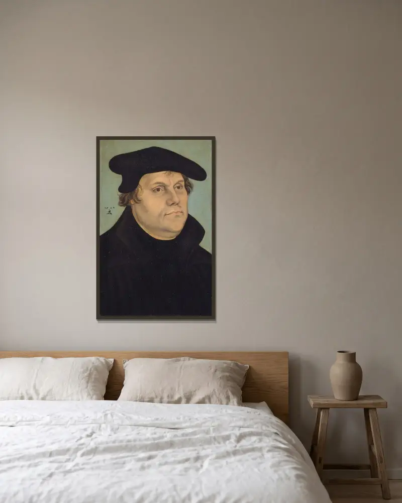 Porträtt av Martin Luther av Lucas Cranach the Elder inramad på en vägg