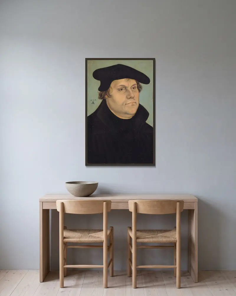 Porträtt av Martin Luther av Lucas Cranach the Elder inramad på en vägg