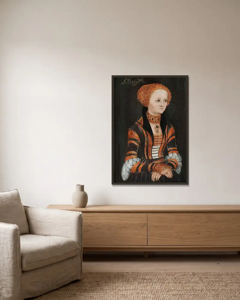Porträtt av den heliga Birgitta av Sverige av Lucas Cranach the Elder inramad på en vägg
