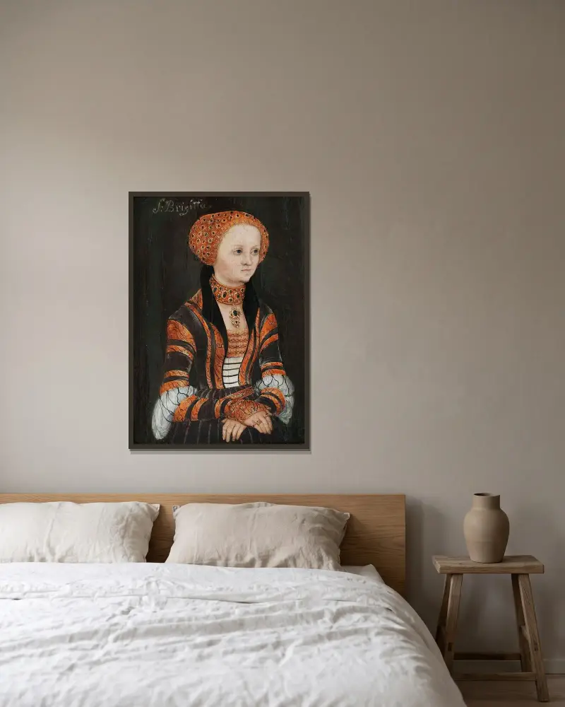 Porträtt av den heliga Birgitta av Sverige av Lucas Cranach the Elder inramad på en vägg