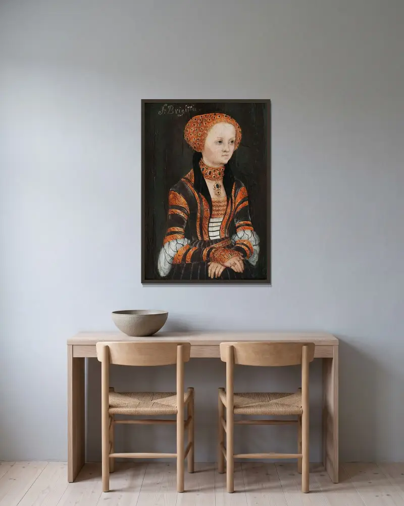 Porträtt av den heliga Birgitta av Sverige av Lucas Cranach the Elder inramad på en vägg