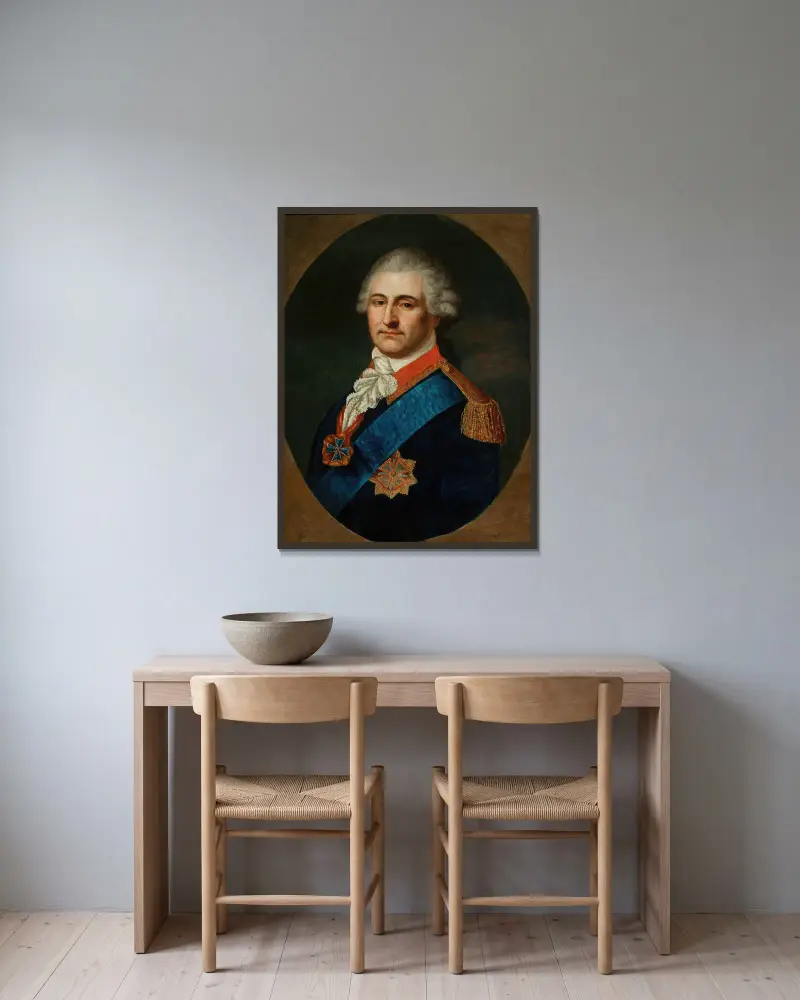 Porträtt av Stanisław August Poniatowski i generalsuniform av Johann Baptist von Lampi the Elder inramad på en vägg