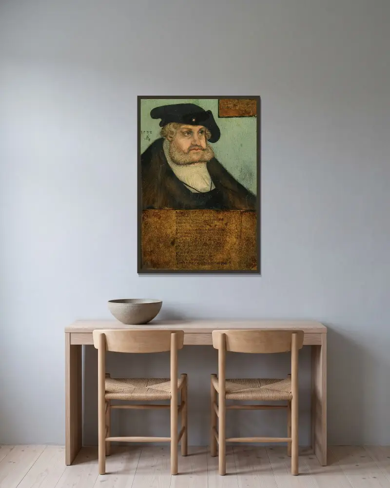 Porträtt av kurfursten Fredrik III den vise av Sachsen (1463–1525) av Lucas Cranach the Elder inramad på en vägg