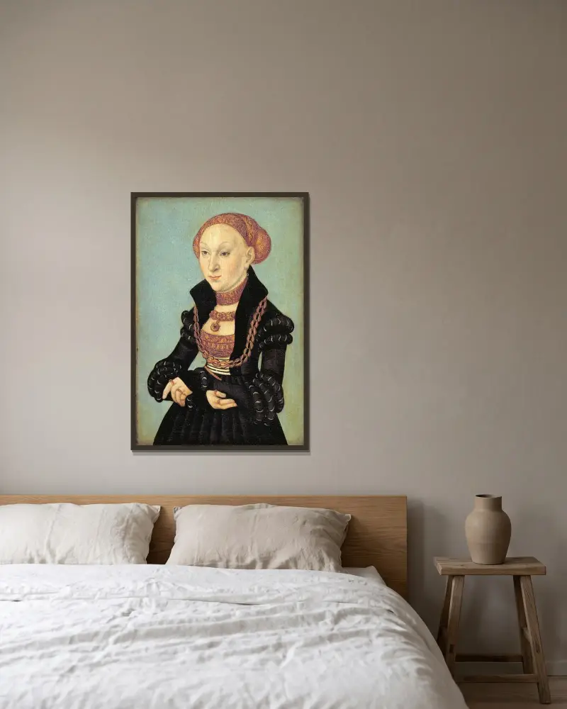 Porträtt av kurfurstinnan Sibylla av Sachsen (1510–1569) av Lucas Cranach the Elder inramad på en vägg