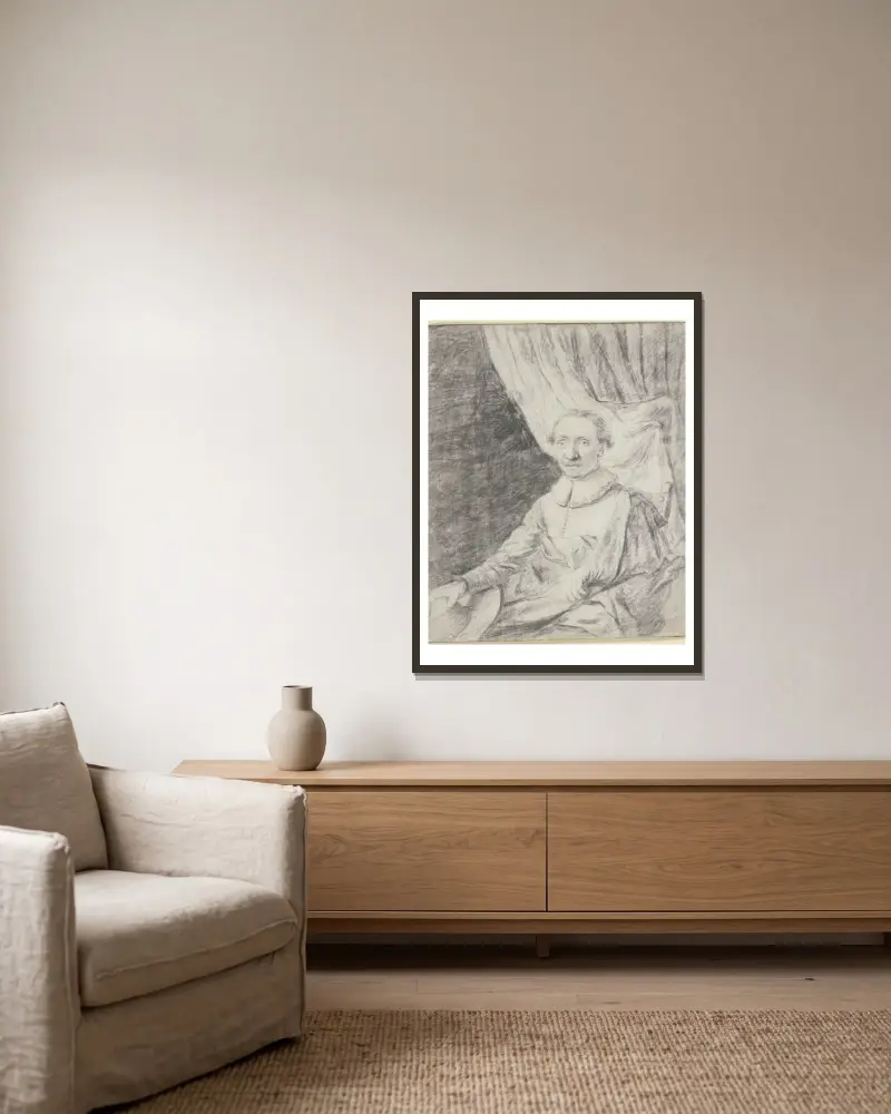 Porträtt av en man i mantel, hatten i handen, sittande framför ett förhänge av Frans van Mieris the Elder inramad på en vägg