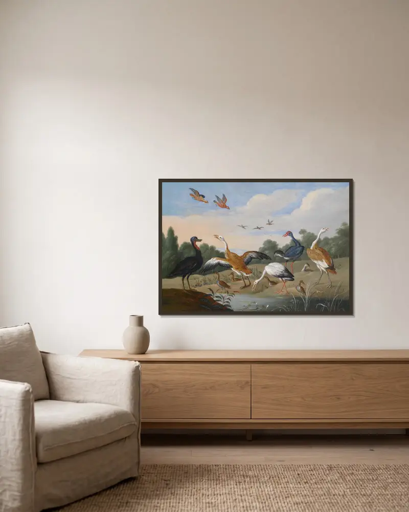 Reiher und Enten av Jan Van Kessel The Elder inramad på en vägg