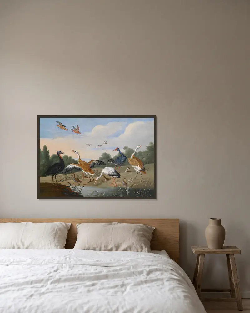 Reiher und Enten av Jan Van Kessel The Elder inramad på en vägg