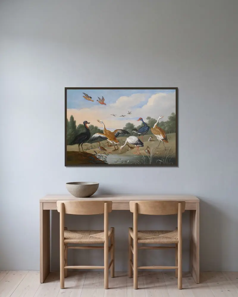 Reiher und Enten av Jan Van Kessel The Elder inramad på en vägg