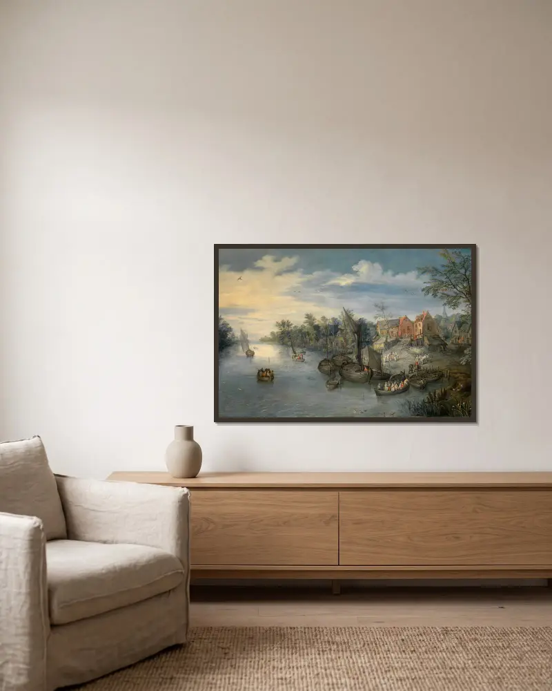 River Landscape, 1603 av Jan Brueghel The Elder inramad på en vägg