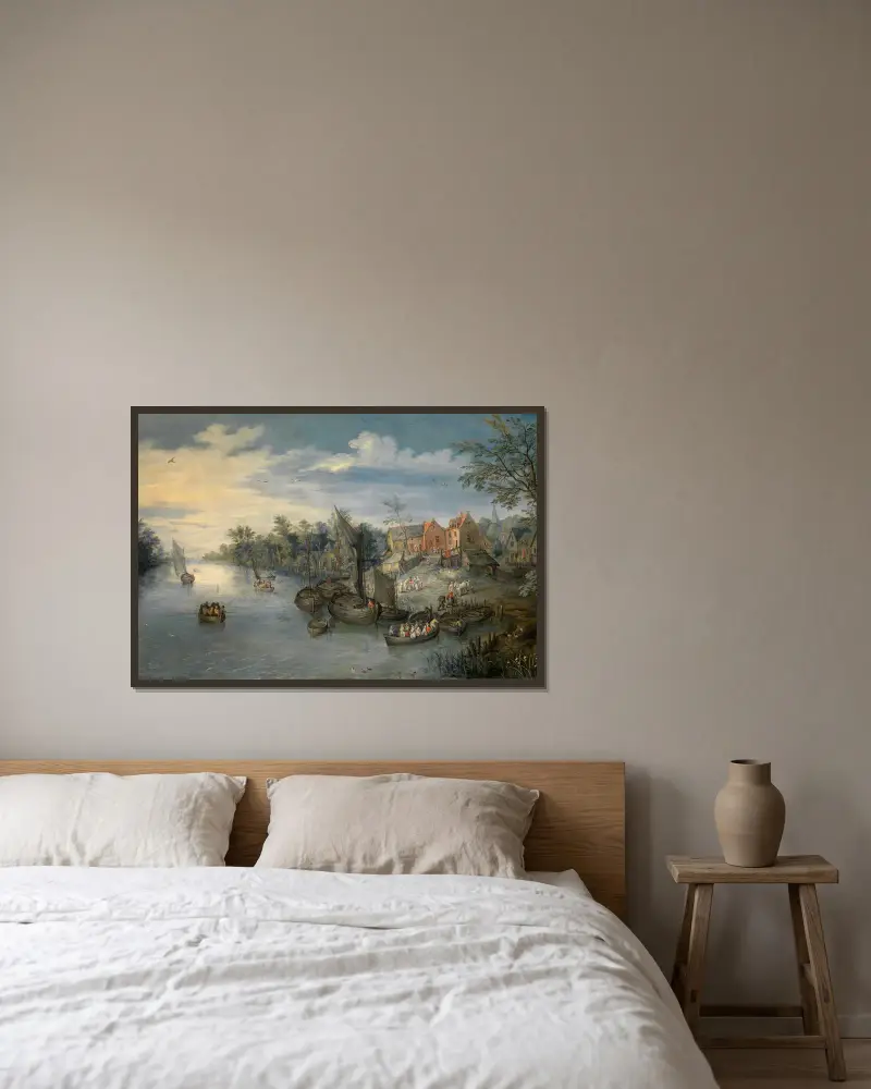 River Landscape, 1603 av Jan Brueghel The Elder inramad på en vägg