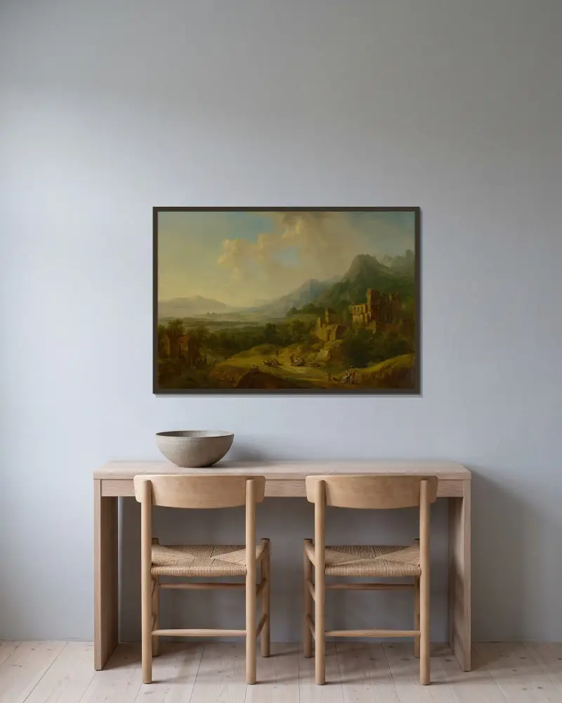 Floddal med kyrkoruin och staffagefigurer av Christian Georg Schütz the elder inramad på en vägg