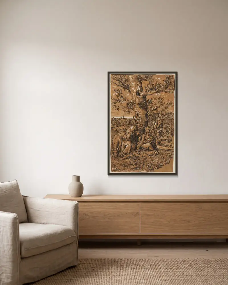 Ruhe auf der Flucht von Lucas Cranach the Elder gerahmt an einer Wand