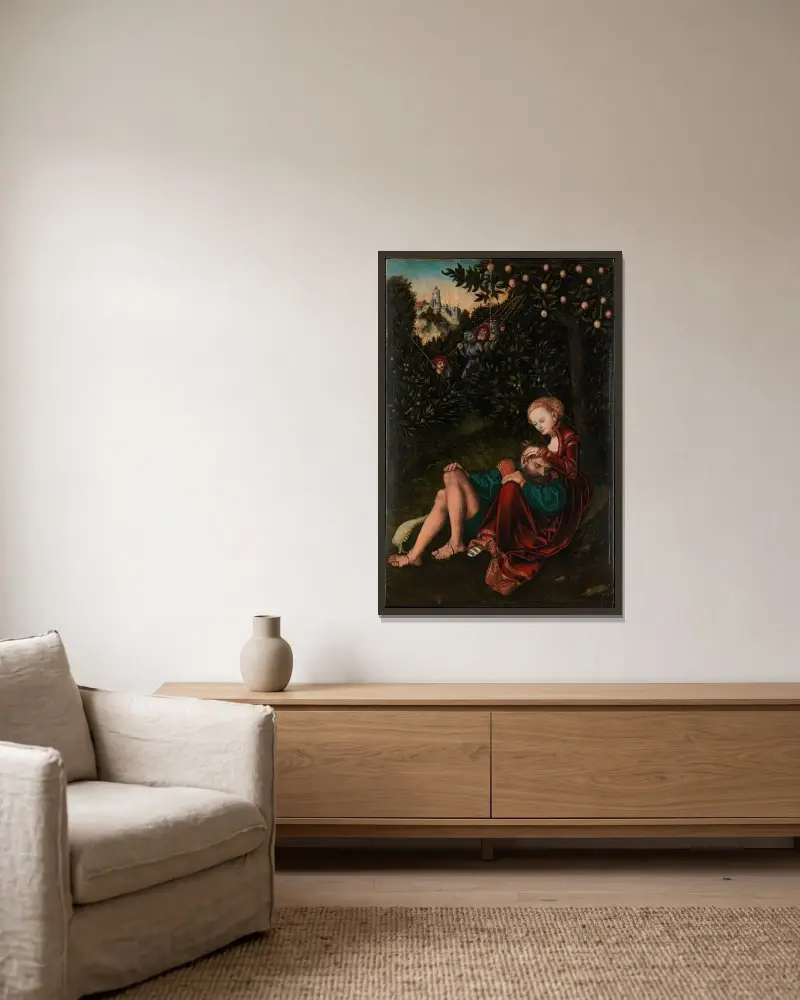 Simson und Delila von Lucas Cranach the Elder gerahmt an einer Wand