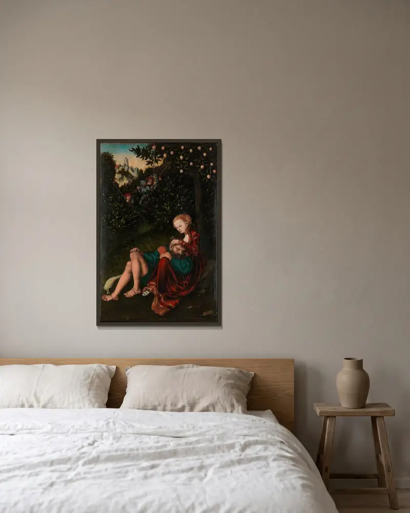 Simson und Delila von Lucas Cranach the Elder gerahmt an einer Wand