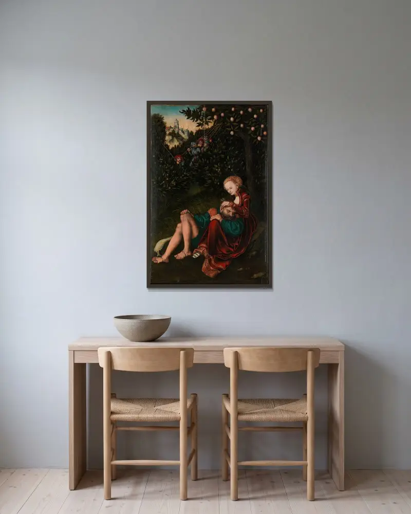 Simson und Delila von Lucas Cranach the Elder gerahmt an einer Wand