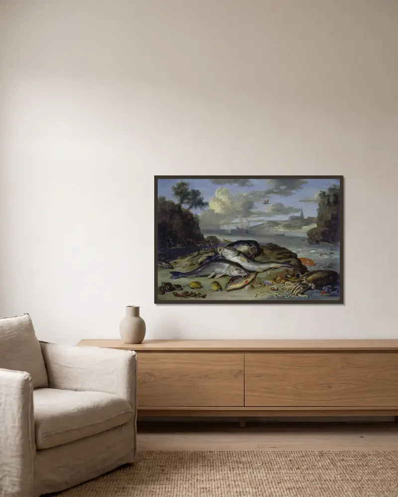 Stilleben med fisk och havsdjur i ett kustlandskap av Jan Van Kessel The Elder inramad på en vägg