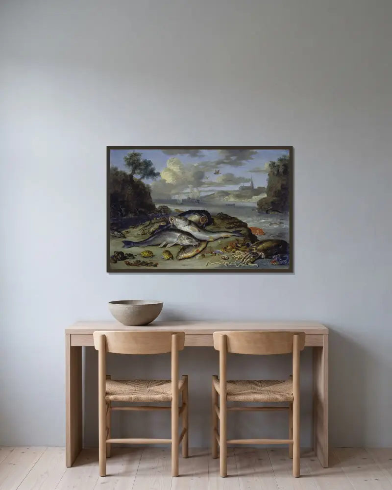 Stilleben med fisk och havsdjur i ett kustlandskap av Jan Van Kessel The Elder inramad på en vägg