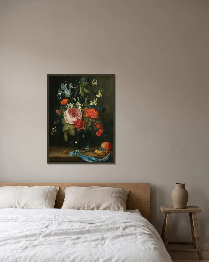 Stilleben med blommor i glasvas av Jan Van Kessel The Elder inramad på en vägg