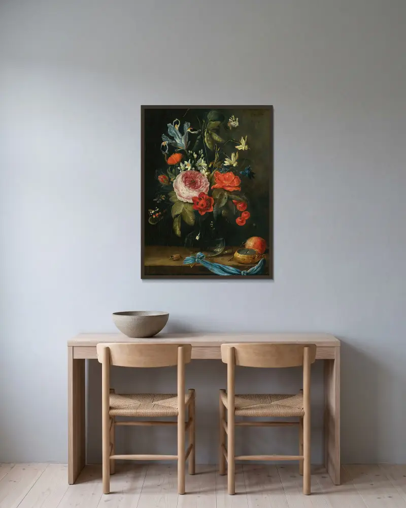 Stilleben med blommor i glasvas av Jan Van Kessel The Elder inramad på en vägg