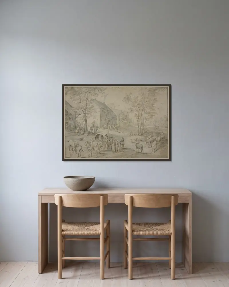 Straße in einem Dorf mit vielen Figuren av Jan Brueghel The Elder inramad på en vägg