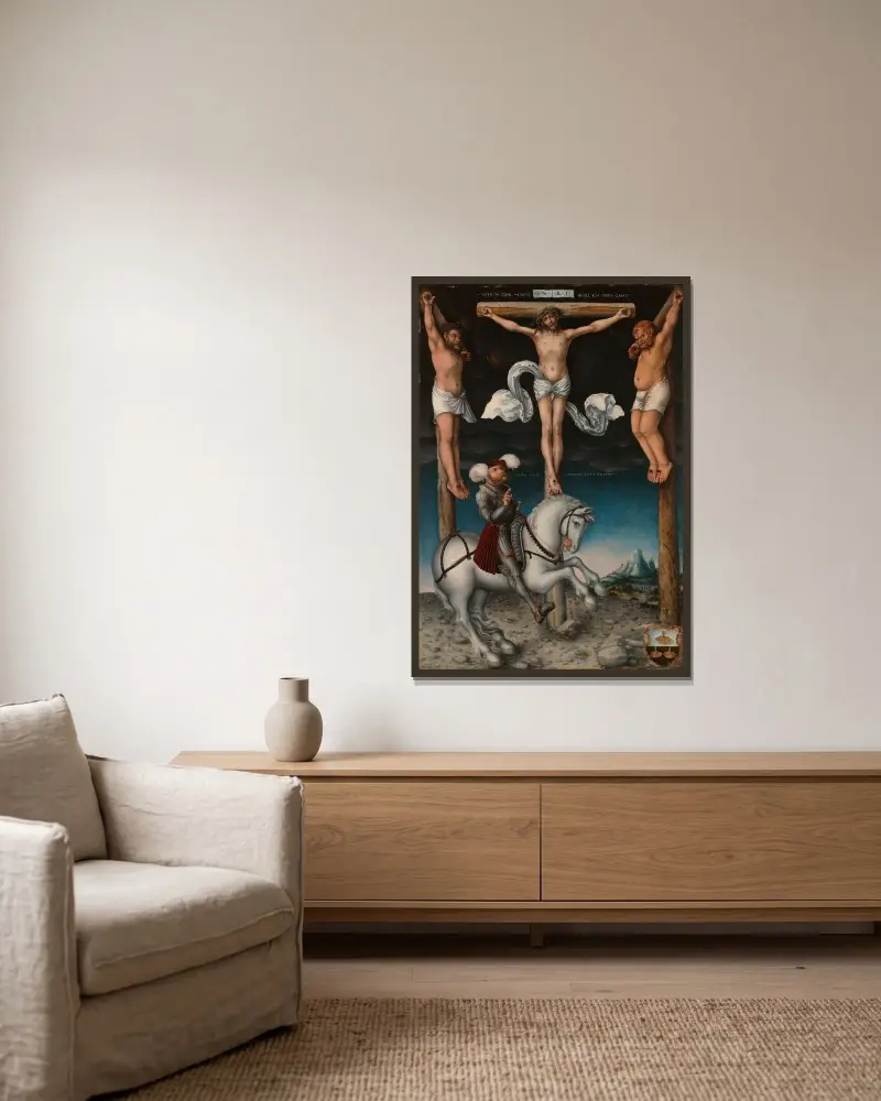 Die Kreuzigung mit dem bekehrten Hauptmann von Lucas Cranach the Elder gerahmt an einer Wand