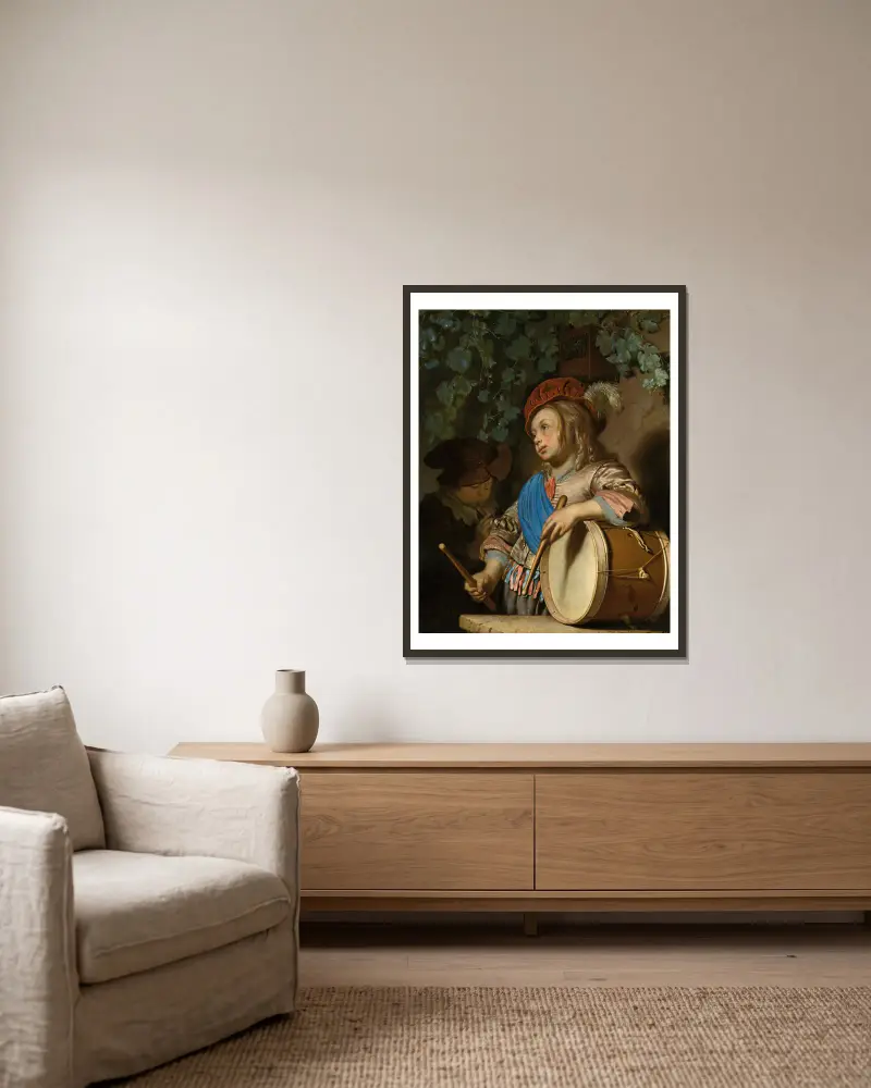 The Drummer Boy av Frans van Mieris the Elder inramad på en vägg